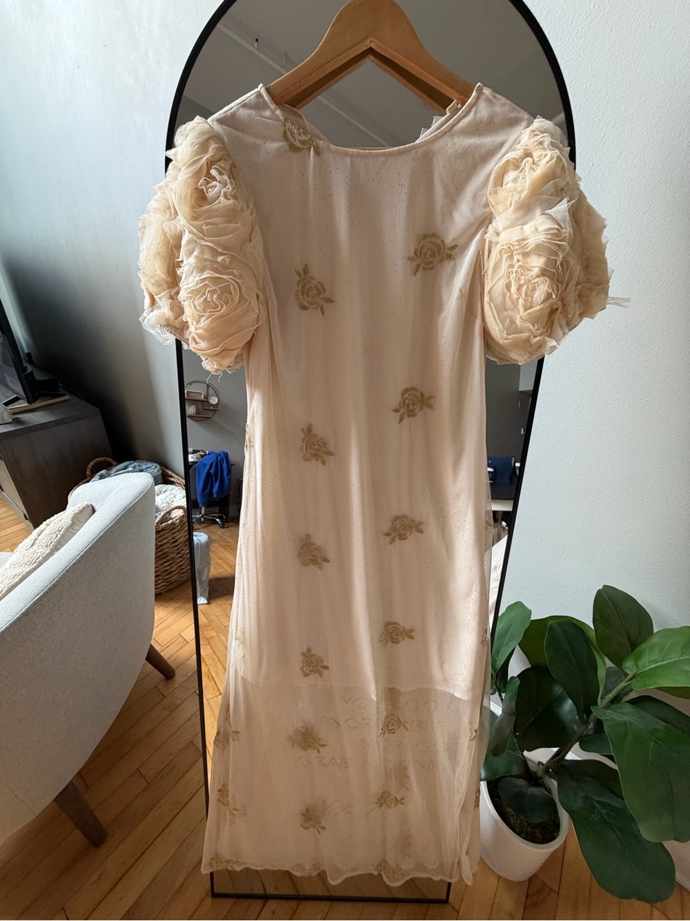 Anthropologie Cream Floral Puff-Sleeve Midi Dress
